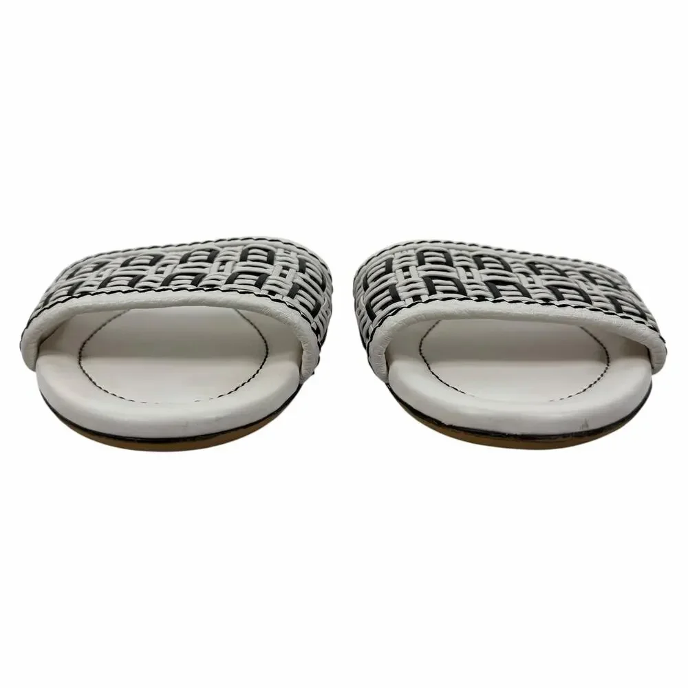 Fendi Rafia Weave Logo Leather Slide Sandal White Black Size 38.5